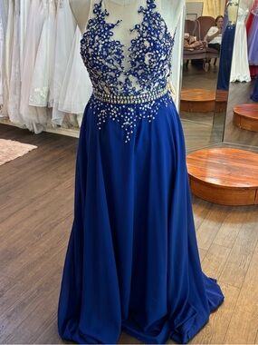 Beaded Illusion Bodice Royal Blue Prom Dress